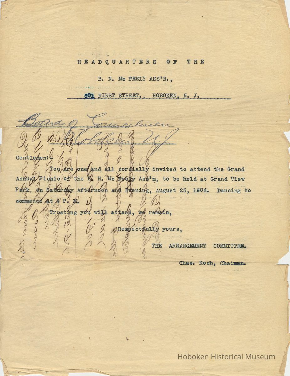 Typed letter from the B[ernard]. N. McFeely Association, 601 First St.,