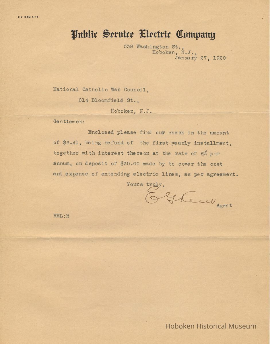 TLS to from Public Service Electric Company to National War Council, Hoboken, Jan. 27, 1920, re refund of money and interest. picture number 1