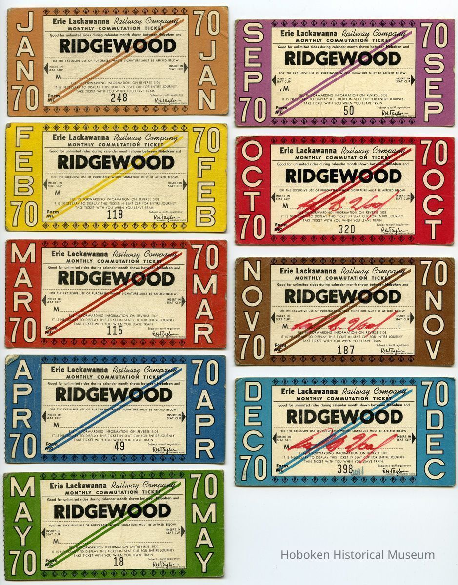 nine 1970 Erie Lackawanna Railway monthly commuter tickets