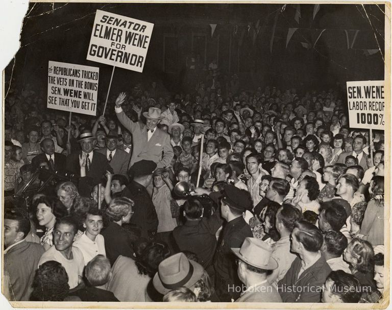 B+W photo of rally for Senator Elmer Wene for Governor, no place (probably Hoboken), (1949.) picture number 1