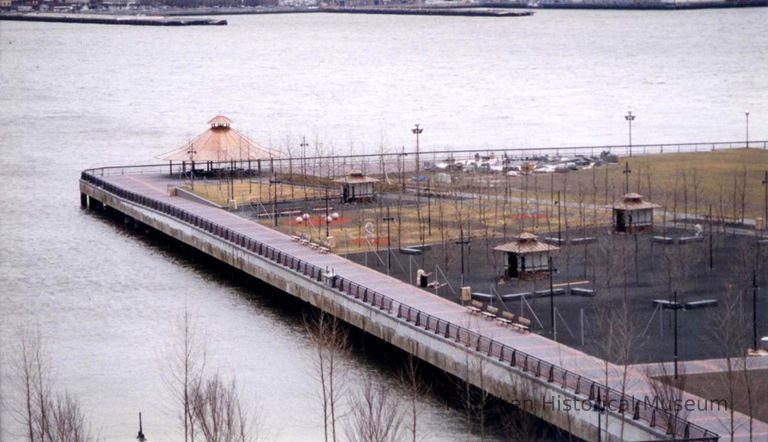 Color photo of an elevated view of construction progress of Pier A Park, Hoboken, 1999. picture number 1