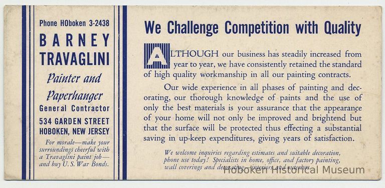 Blotter, ink: Barney Travaglini; Painter & Paperhanger; General Contractor; 534 Garden St., Hoboken, n.d., ca. 1942-1945. picture number 1