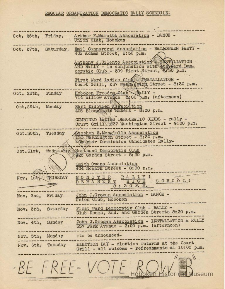 Digital image of handbill: Regular Democratic Organization Rally Schedule, Oct 26th to Nov. 6, [1951]. picture number 1