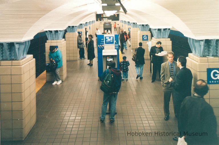 Digital image of color photo of elevated view of interior of the Grove Street PATH station, Jersey City, N.J., Oct., 1999. picture number 1