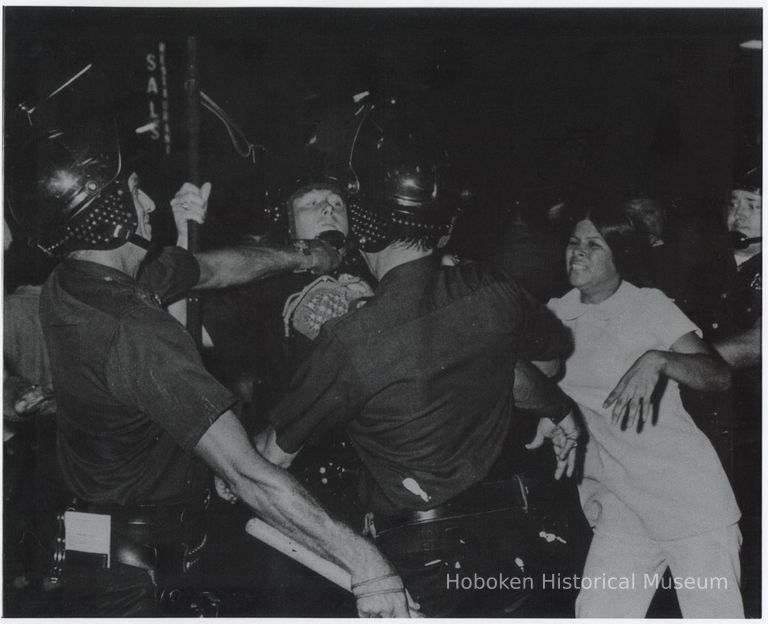 B+W print of photo of police and rioters, Hoboken, either June 1970 or Sept. 1971. picture number 1