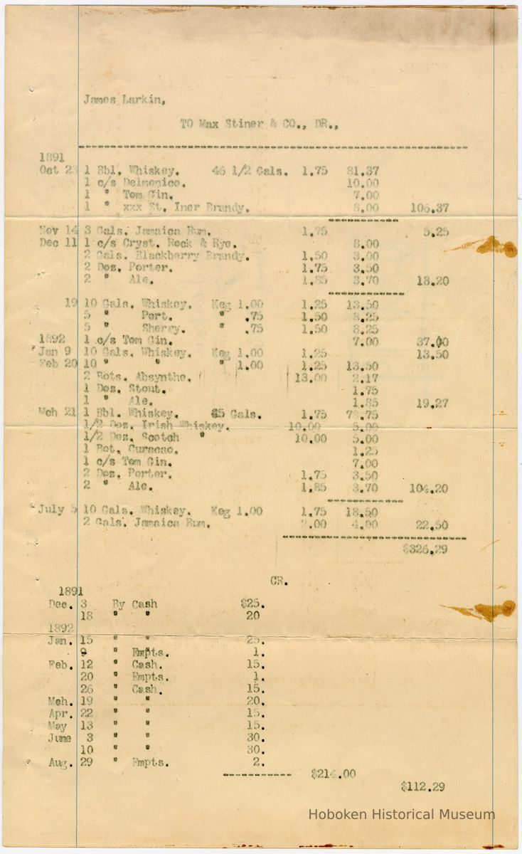 bill of goods and prices for beer and liquors