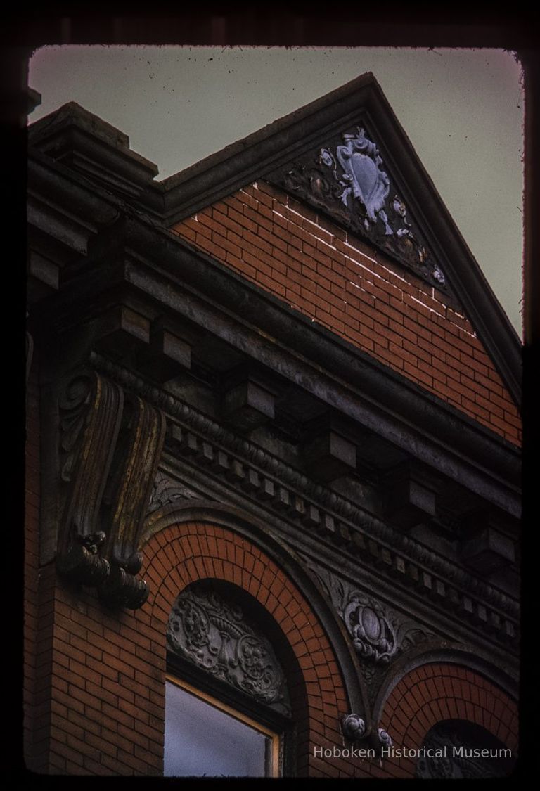 Color slide of detail view of pediment, cornice, bracket, dentils and brick semicircular arches at 814 Willow between 8th and 9th picture number 1