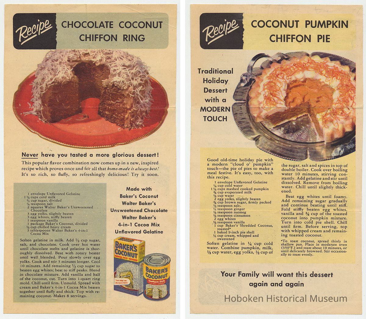 Leaflet; Baker's Coconut reipes: Chocolate Chiffon Coconut Ring; Coconut Pumpkin Chiffon Pie. Franklin Baker Div., General Foods, Hoboken, n.d., ca. 1947-1955. picture number 1