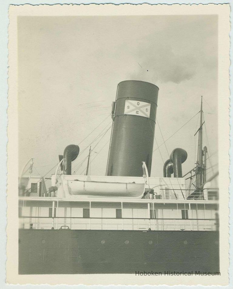 B+W photo of the funnel of an unidentified vessel, engines running, at an unknown location, no date, ca. 1940. picture number 1