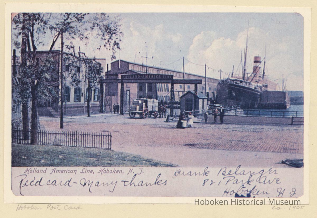 Printed view of a color postcard of the Holland-America Line Fifth Street Pier, Hoboken, ca. 1905. picture number 1