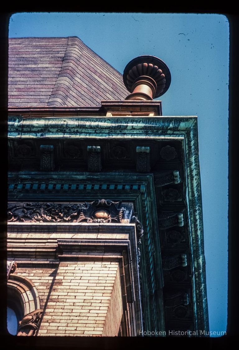 Color slide of detail view of cornice, dentils, frieze, quoins and pilaster on the Hoboken Public Library building at 500 Park and 250 5th picture number 1