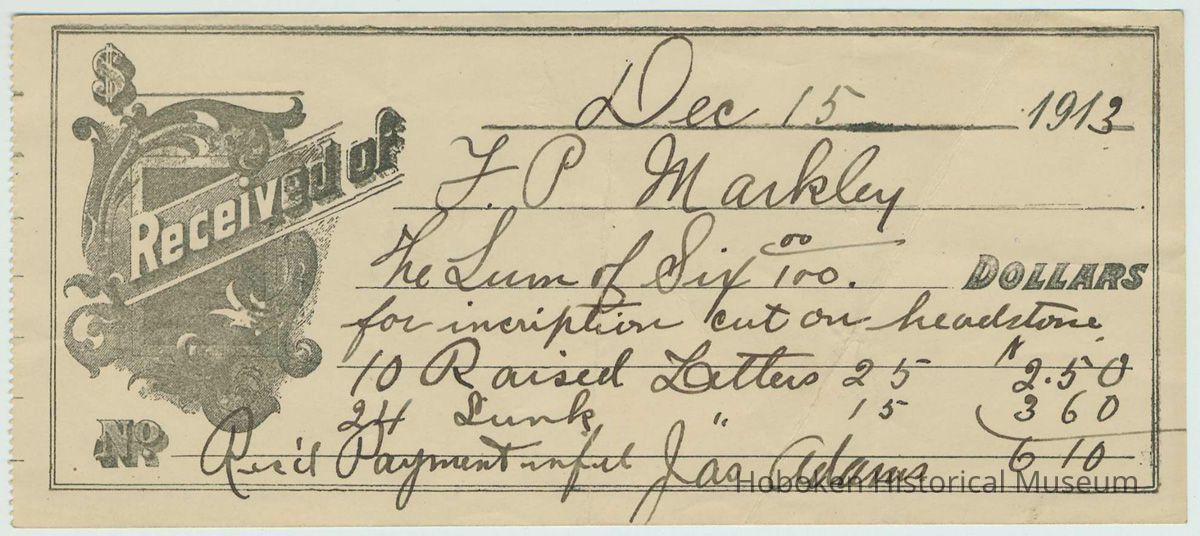 Receipt dated Dec. 15, 1913 to a F.P. Markley from a James Adams for payment in cutting a headstone inscription. picture number 1