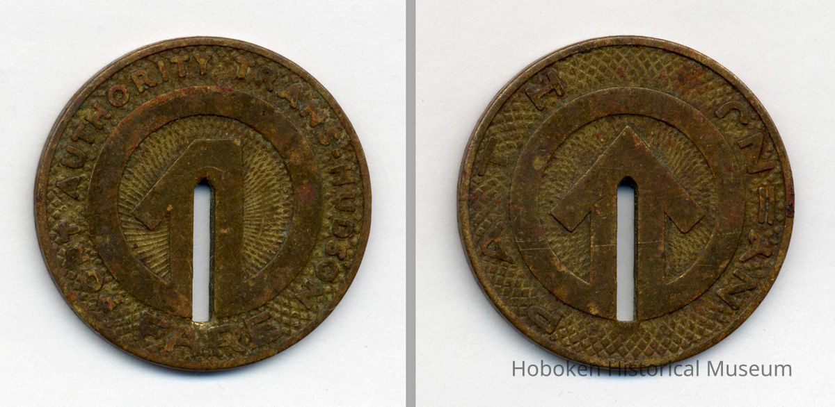 token: left, Port Authority Trans-Hudson 1 Fare; right, PATH NY-NJ