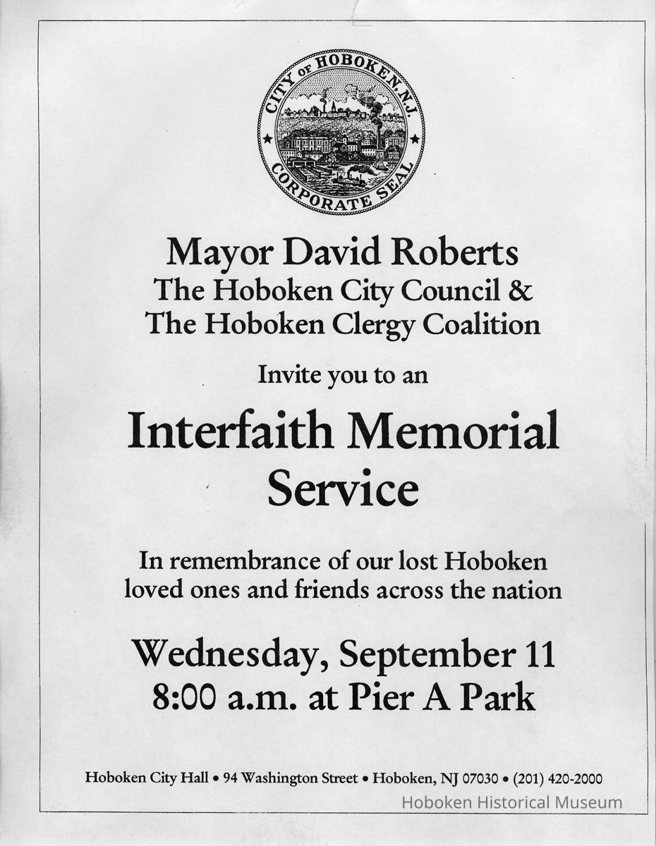 Poster for Interfaith Memorial Service, Wednesday, Sept. 11, 2002, Pier A Park, Hoboken. picture number 1