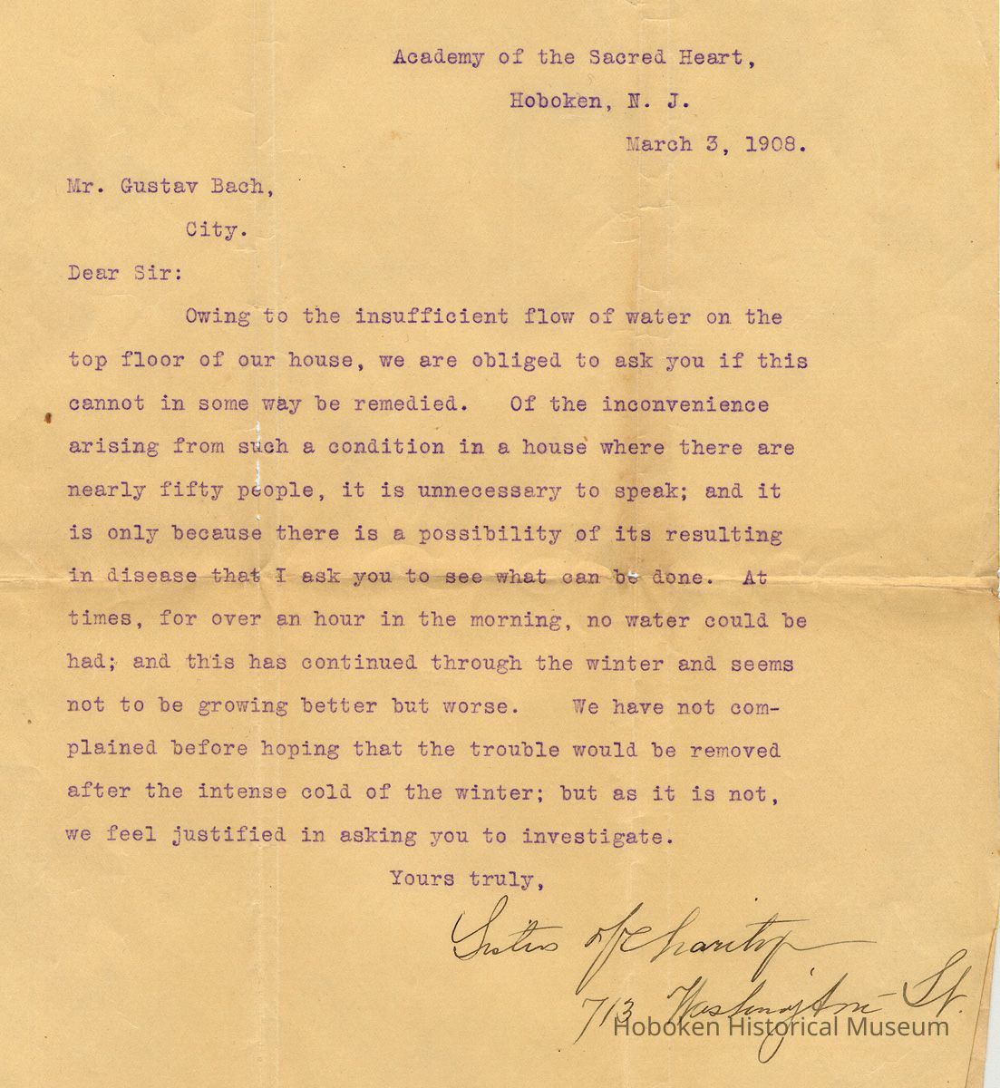 TLS to Gustav Bach from Academy of the Sacred Heart, 713 Washington St., Hoboken, March 3, 1908. picture number 1
