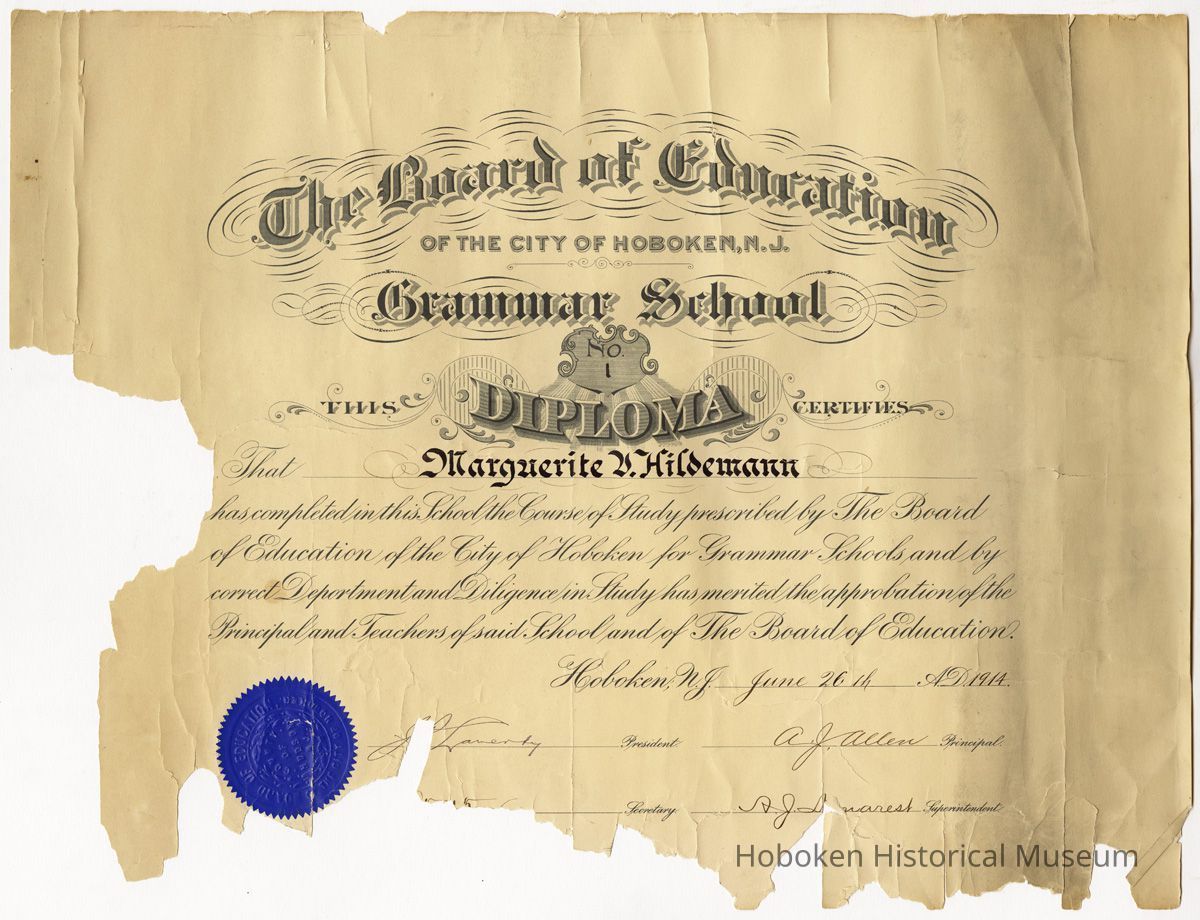 Grammar School No. 1, Diploma, Marguerite V. Hildemann, 1914