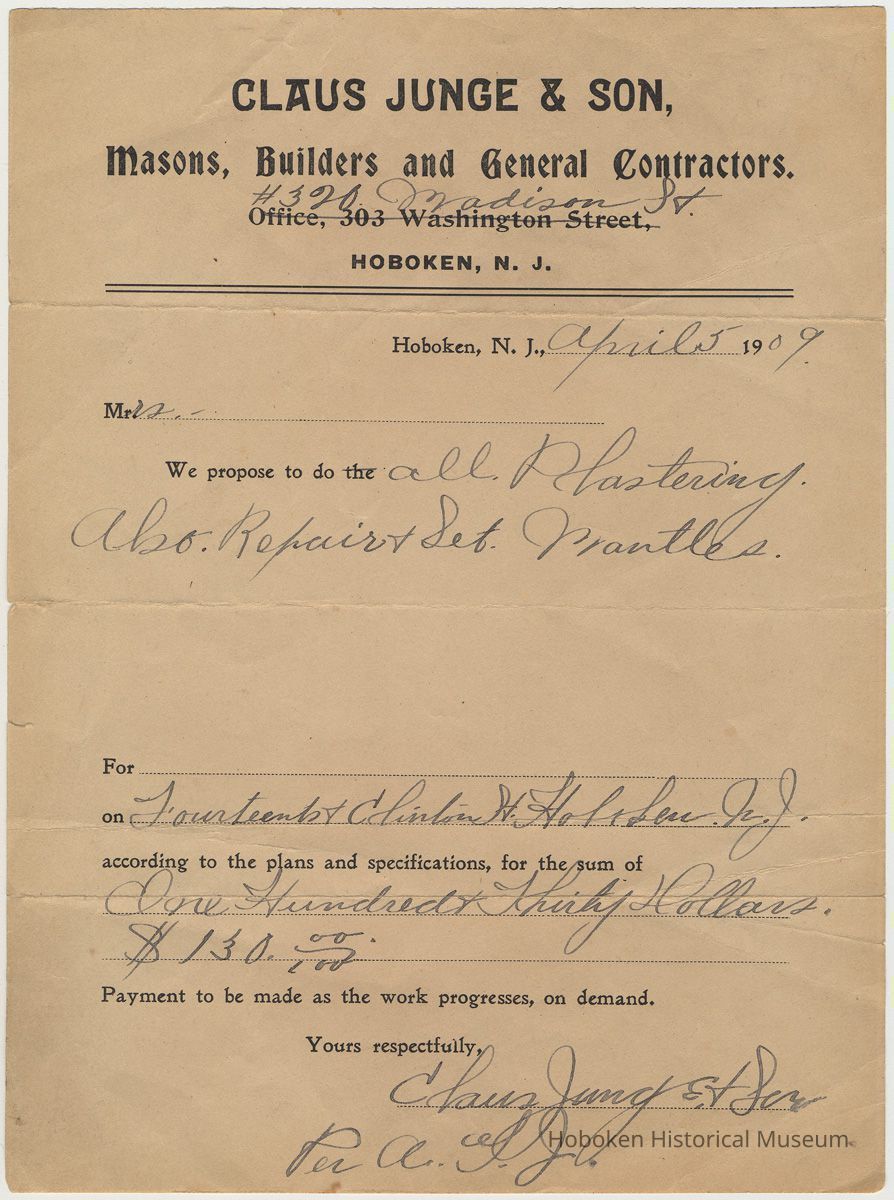Estimate by Claus Junge & Son, Masons, Builders and General Contractors, 320 Madison Street, Hoboken, April 5, 1909. picture number 1