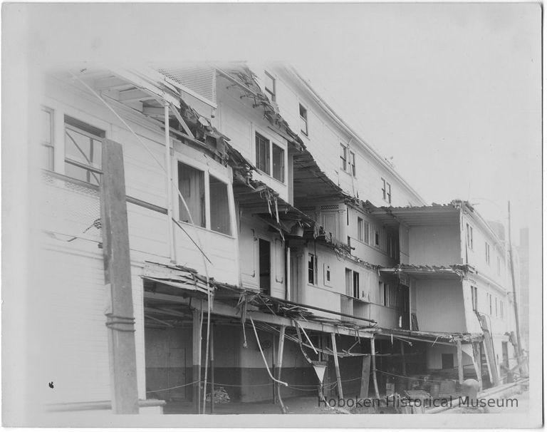 B+W photo the damaged superstructure of an unknown passenger ship (dayliner?), Hoboken, no date, ca. 1940. picture number 1