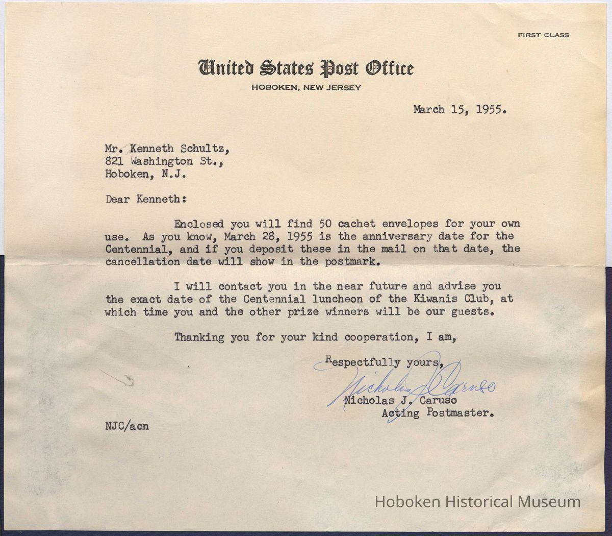 Digital image of typed-letter signed to Kenneth Schultz from Acting Postmaster, Hoboken, March 15, 1955 about enclosed cachets & future luncheon. picture number 1