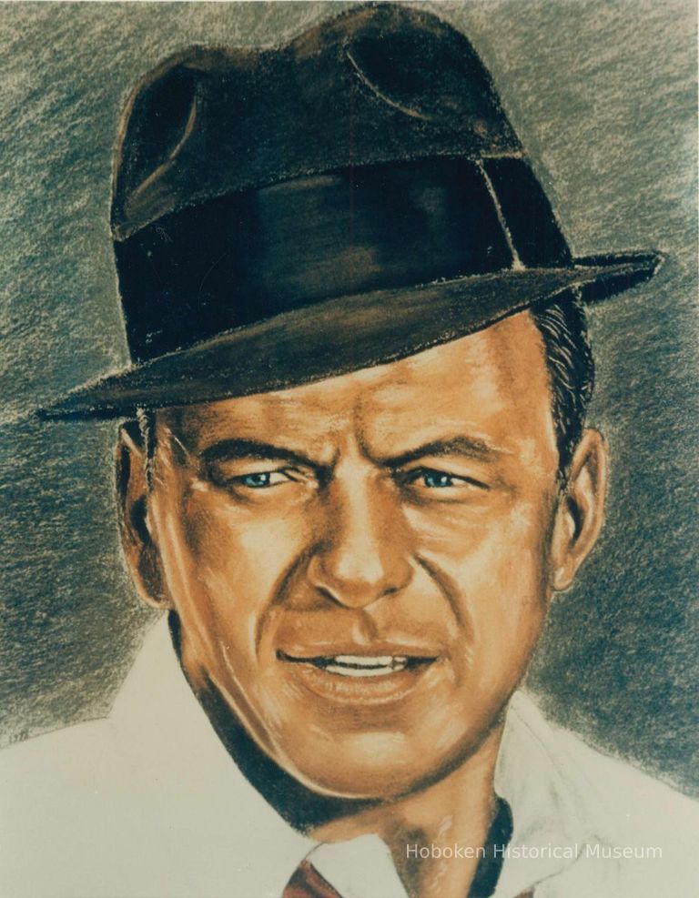 Color photo of a drawing of Frank Sinatra done from a 