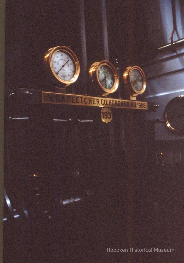 Color slide of the interior of the Steamship Ticonderoga at the Shelburne Museum showing the engine room plate sign, Shelburne, VT, 1998. picture number 1