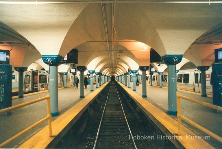 Digital image of color photo looking down an empty track 2 in the Hoboken PATH station, Nov., 1999. picture number 1