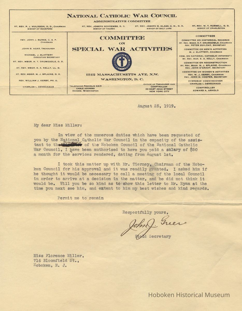 TLS from John J. Greer, National Catholic War Council to Florence Miller, 716 Bloomfield St., Hoboken, August 25, 1919 re authorizing a salary of $50 per month for her at Admiral Benson Club. picture number 1