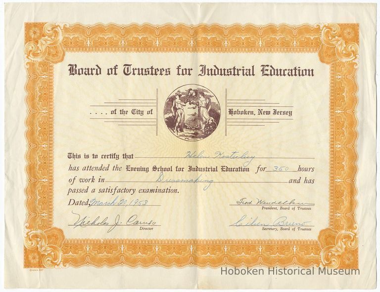 Certificate of Achievement in dressmaking for Helen Kostelecky from Evening School for Industrial Education, Hoboken, March 20, 1953. picture number 1