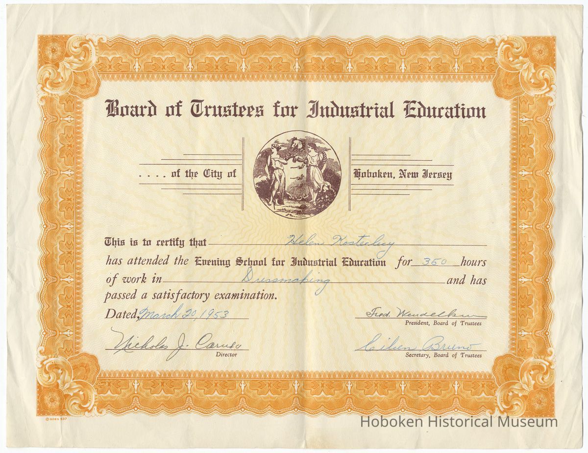 Certificate of Achievement in dressmaking for Helen Kostelecky from Evening School for Industrial Education, Hoboken, March 20, 1953. picture number 1