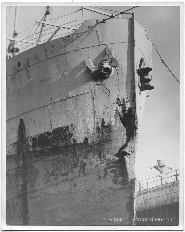 B+W photo of a starboard view of bow damage to the S.S. Delisle in dry dock, Hoboken, Sept., 1941. picture number 1