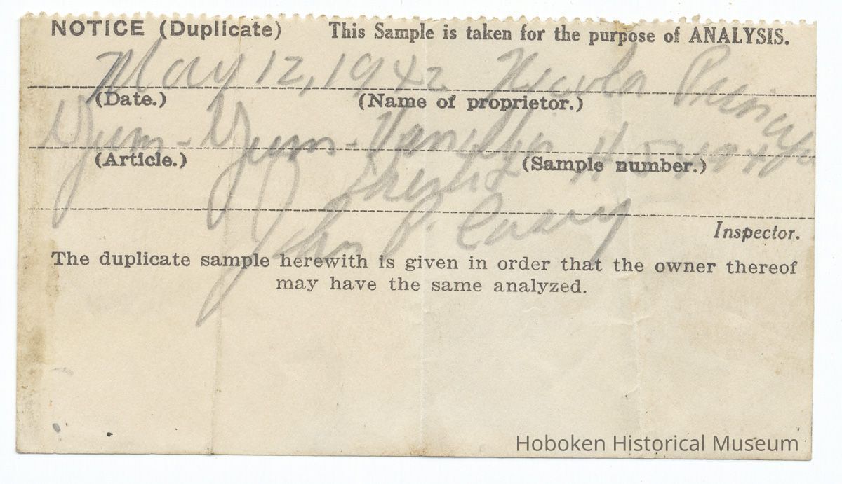 Receipt for Yum Yum vanilla sample taken from Nicola Principe for analysis by the Dept. of Health, State of N.J., May 12, 1942 picture number 1