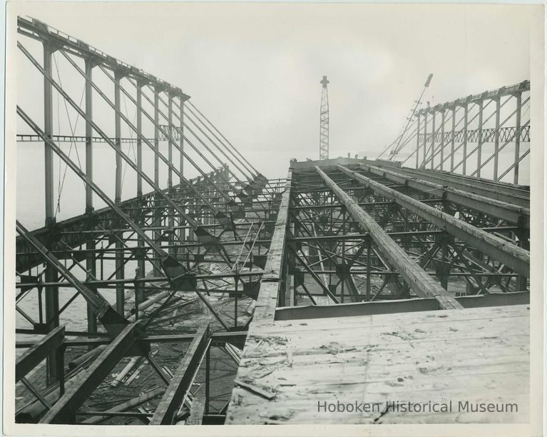 B+W photo of the reconstruction and extension of Pier 15 at the Bethlehem Steel Shipyard, Hoboken Division, July 19,1957. picture number 1