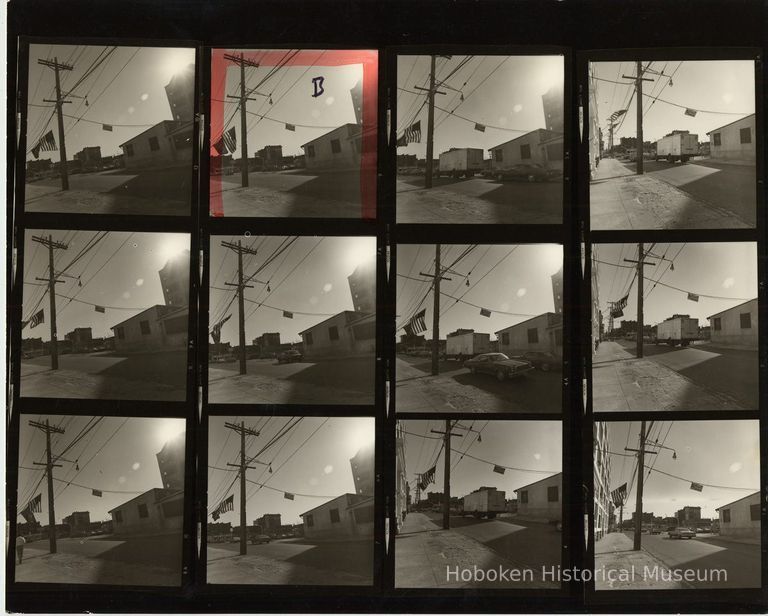 B+W negative contact sheet of images of Hoboken taken by John Conn. no date, [1976]. picture number 1