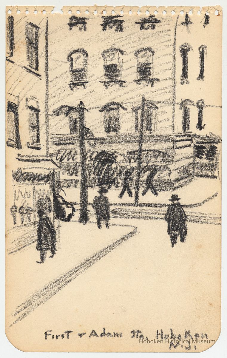 Drawing: First & Adam [sic -Adams] Sts., Hoboken, N.J. Original art attributed to Albert Rothstein, ca. 1945-1955. picture number 1