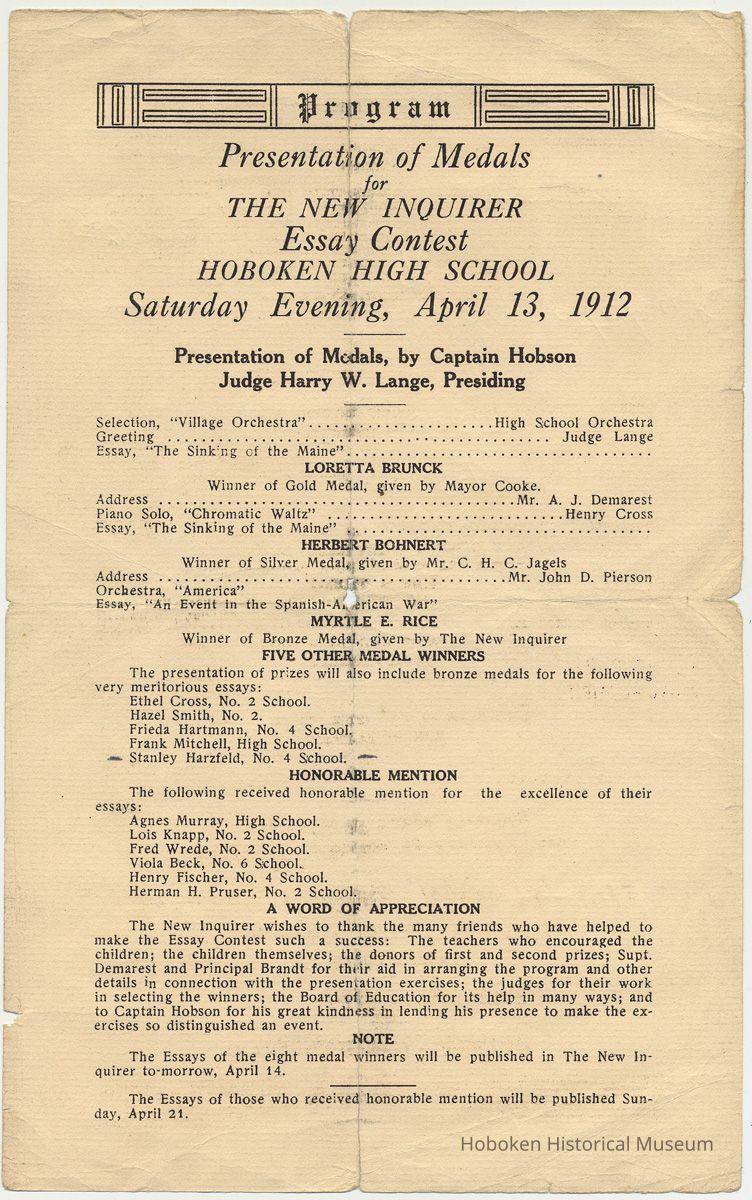 Program: Presentation of Medals for The New Inquirer Essay Contest, Hoboken High School, Apr. 13, 1912. picture number 1