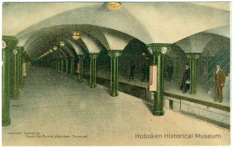 Digital image of Hudson & Manhattan R.R. postcard titled: Hudson Tunnels, Train Platforms, Hoboken Terminal. 1908. picture number 1