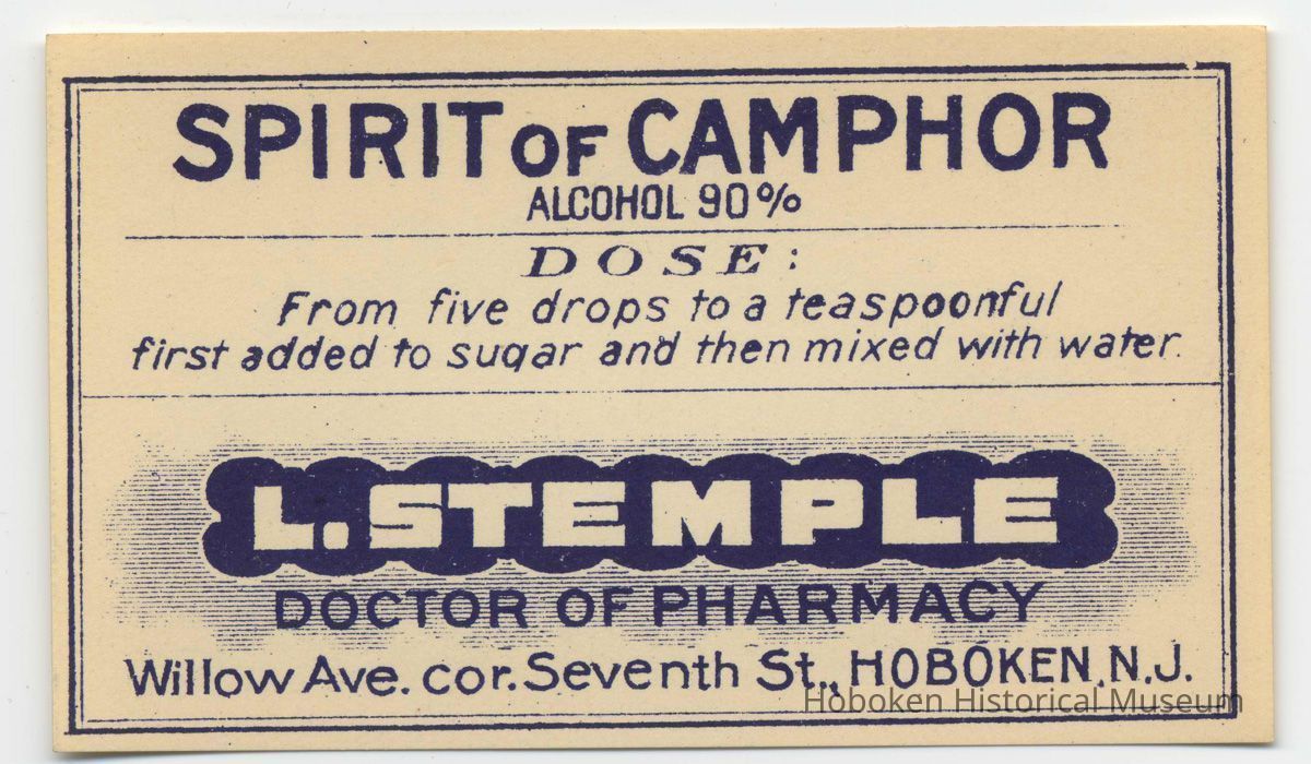 Printed label for medicine container, Spirit of Camphor, from Stemple Pharmacy, 266 Seventh St., Hoboken, no date, ca. 1930. picture number 1