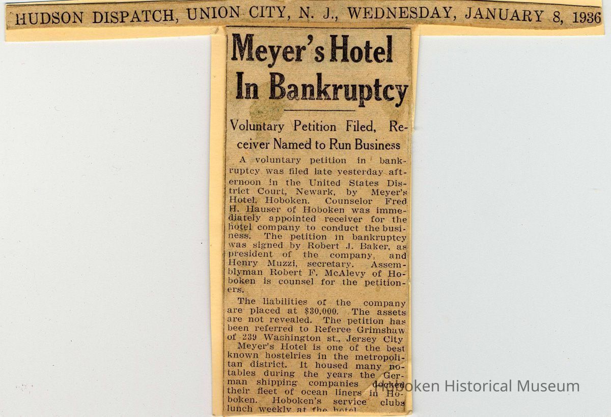 Digital images of newsclipping: Meyer's Hotel In Bankruptcy. Hudson Dispatch, Jan. 8, 1936. picture number 1