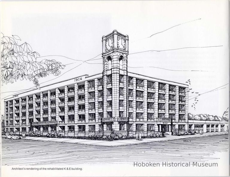 Digital image of architect's rendering of the Keuffel & Esser building, Hoboken, from pg [22] of archiives catalog 2002.026.0002, 1975. picture number 1