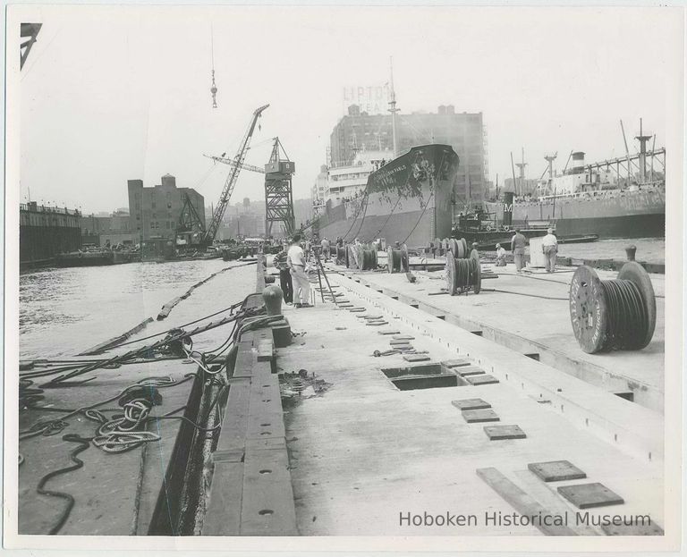 B+W photo of the construction of Pier 5 (formerly Pier 14) at the Bethlehem Steel Shipyard, Hoboken Division, Sept. 18, 1957. picture number 1