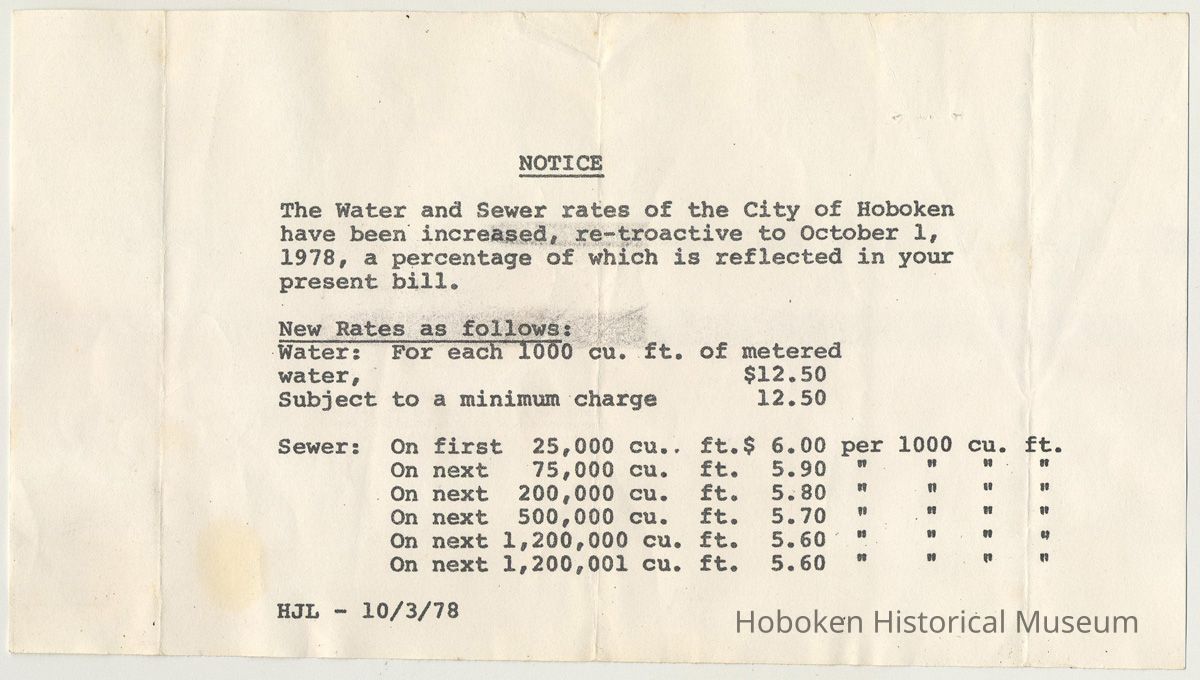 Notice re retroactive City of Hoboken Water and Sewer rate increases, October 1, 1978. picture number 1