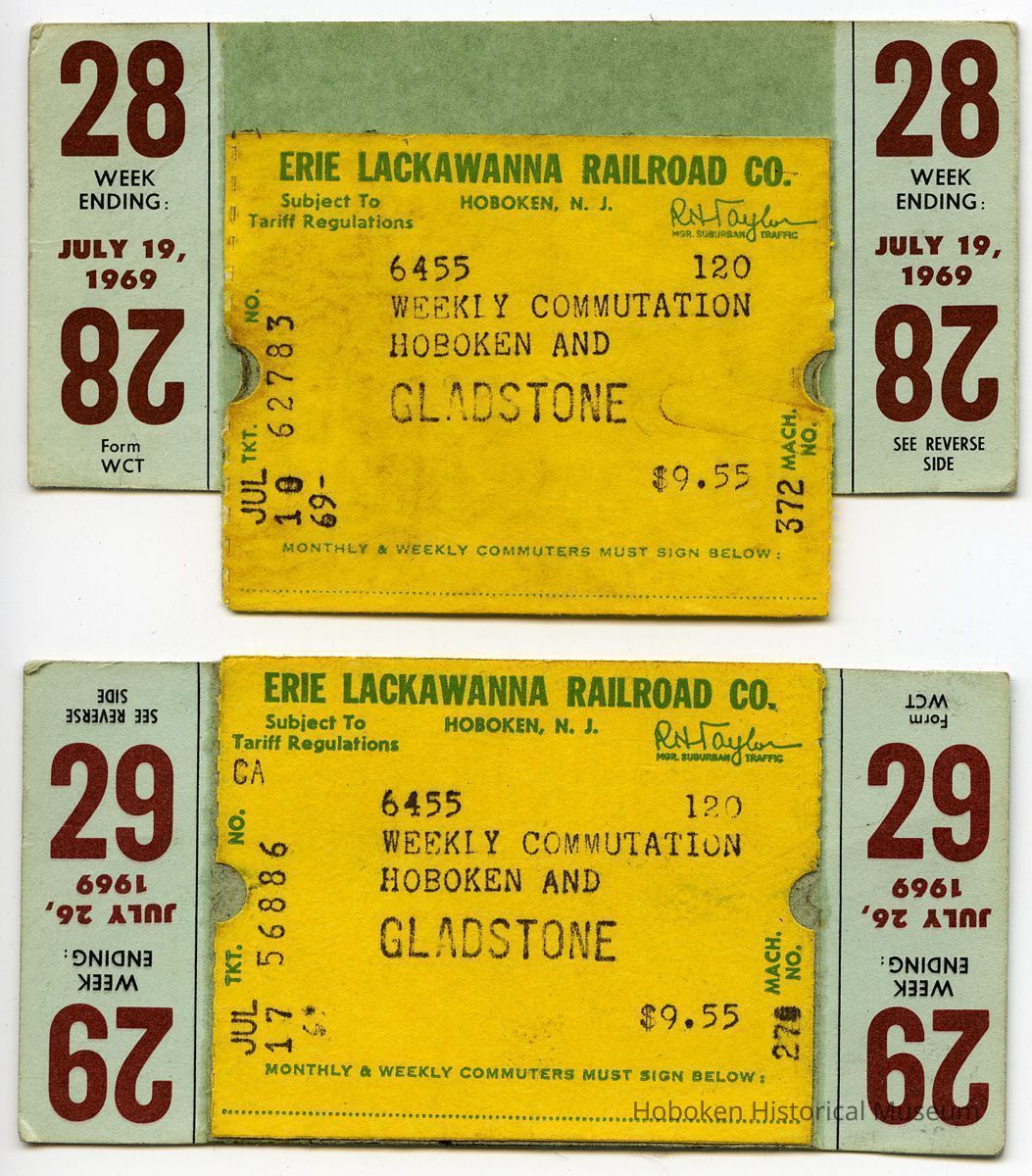 front: two 1969 Erie Lackawanna weekly commutation tickets