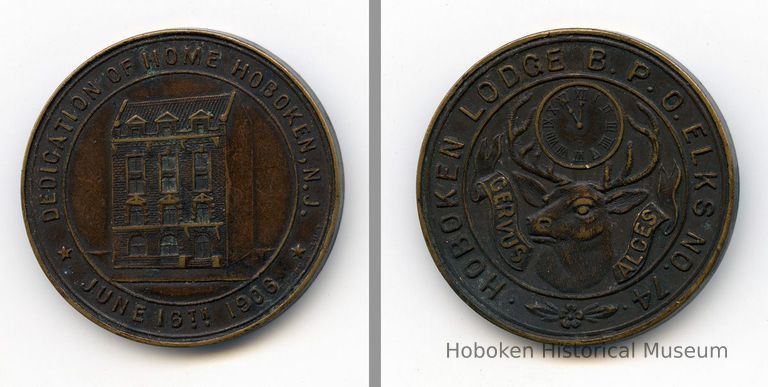 front and back: medal, dedication new building, Hoboken Elks Lodge No. 74