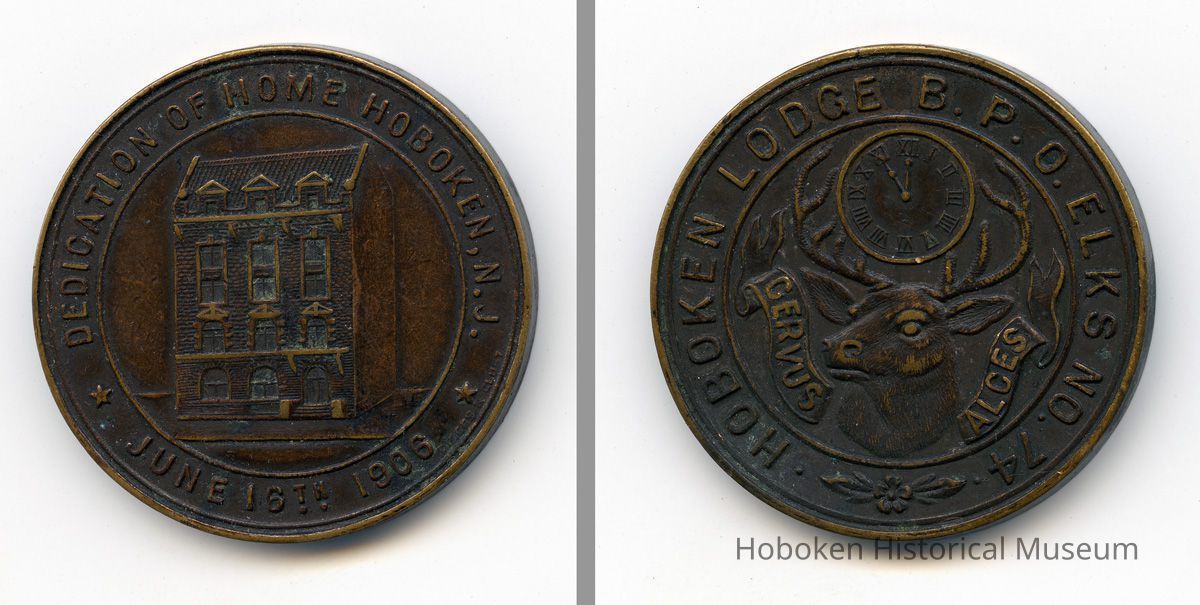 front and back: medal, dedication new building, Hoboken Elks Lodge No. 74