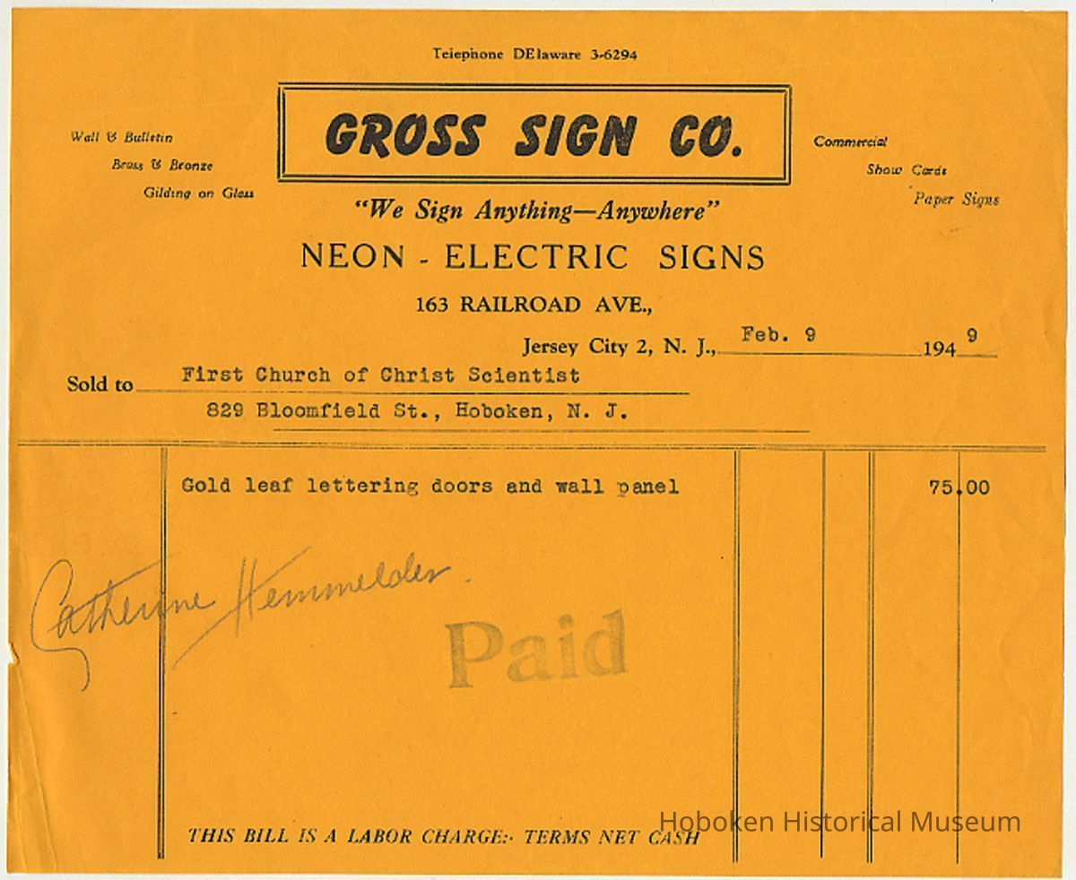 Bill to First Church of Christ, Scientist, 829 Bloomfield St., Hoboken, from Gross Sign Co. for gold leaf lettering, 1949. picture number 1