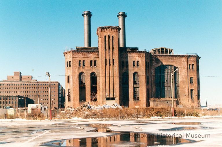 Digital image of color photo of the exterior of the former Hudson & Manhattan Rail Road powerhouse, Jersey City, February, 1999. picture number 1