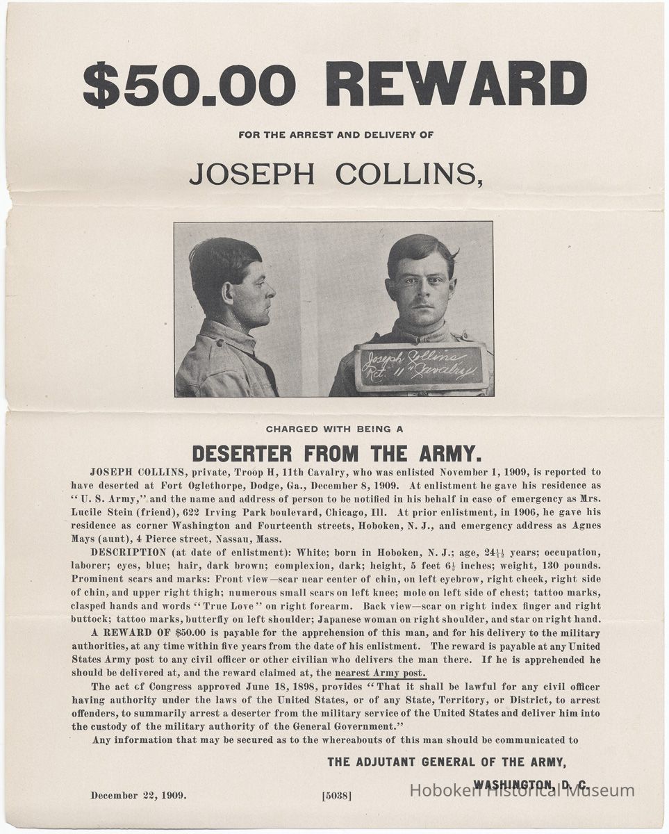 Reward poster offering $50.00 for U.S. Army deserter Joseph Collins, Hoboken native, issued December, 1909. picture number 1