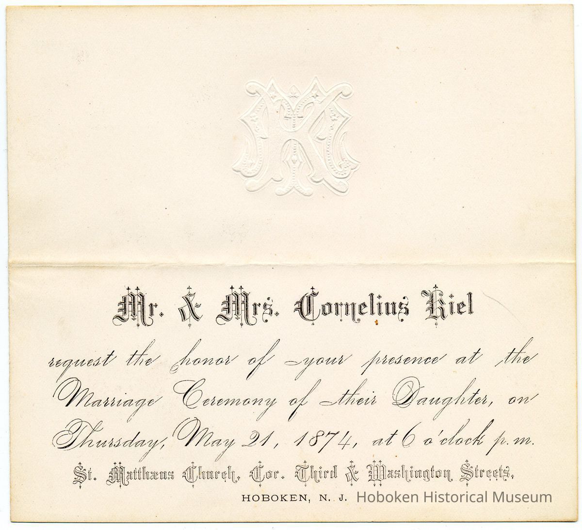 Wedding invitation: Mr. & Mrs. Cornelius Kiel for marriage of daughter, St. Matthaus Church, Hoboken, May 21, 1874. picture number 1