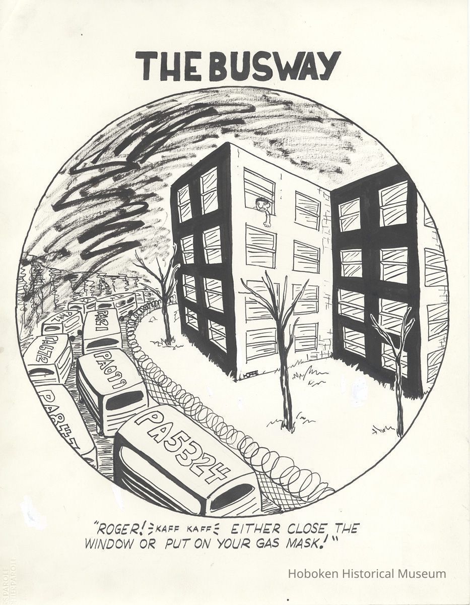 Pen-and-ink drawing: The Busway. Artist: Randy Hoppe, Hoboken, no date, circa 1990-1991. picture number 1