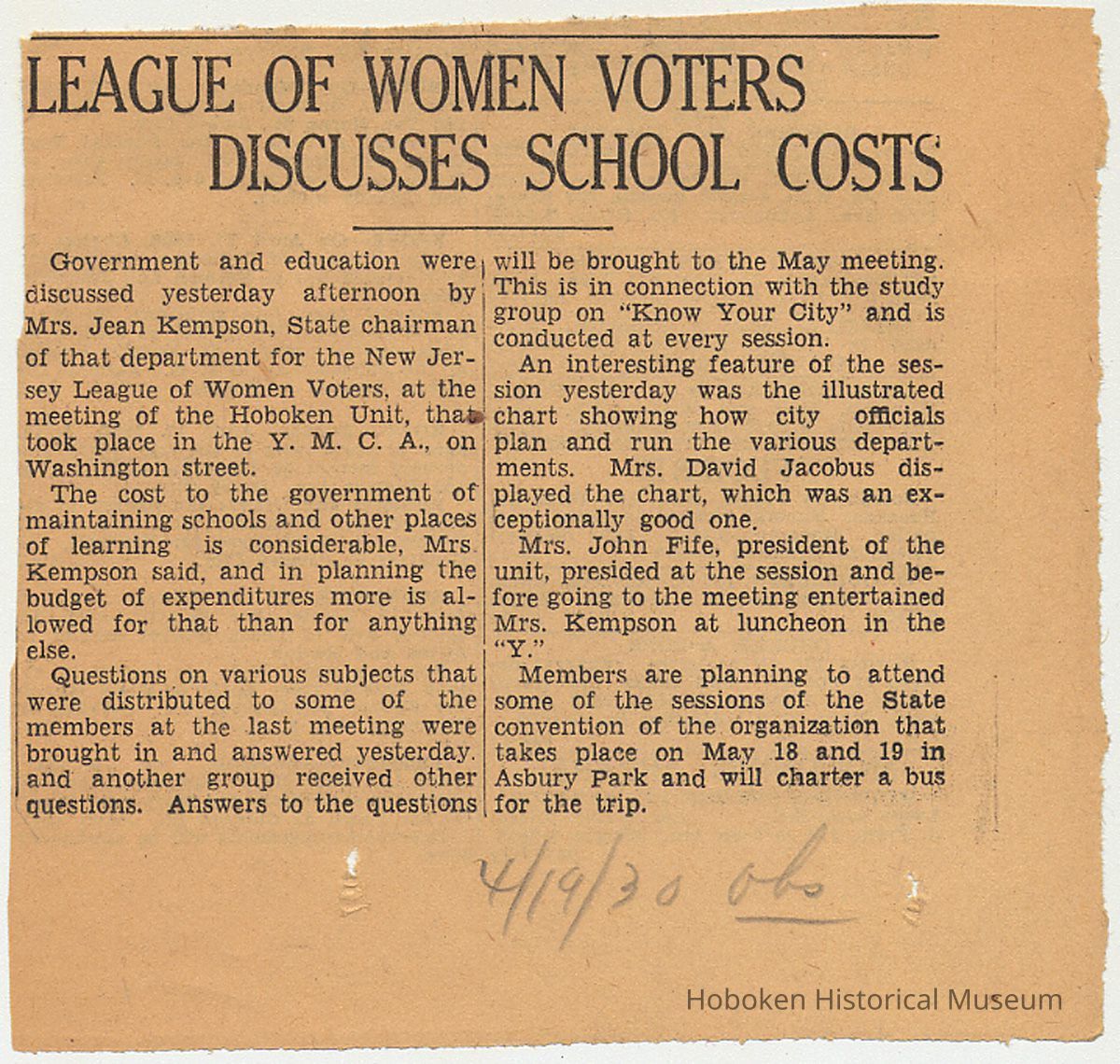 News clipping: League of Women Voters meeting at Hoboken YMCA. Apr. 19, 1930. picture number 1